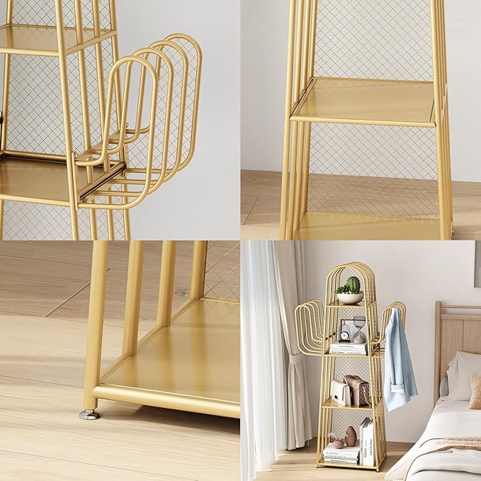 DOORXIF 4-Tier Gold Bookshelf Freestanding, Cactus Bookcase 4 Cube Storage Organizer Closet Corner Metal Display Cabinet, Corner Bookshelf for Small Spaces, Gold Bookcase for Bedroom Office - LeafyLoom