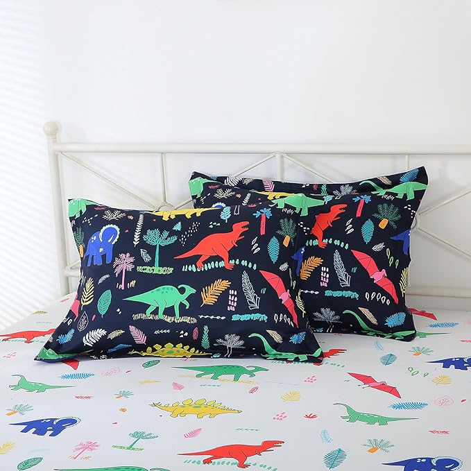 Kids Boys Dinosaur Comforter Set Full Size 7 Piece Bed in a Bag Colorful Dino Bedding Set for Child Teens (1 Comforter, 1 Flat Sheet, 1 Fitted Sheet, 2 Pillow Shams, 2 Pillowcases) - LeafyLoom