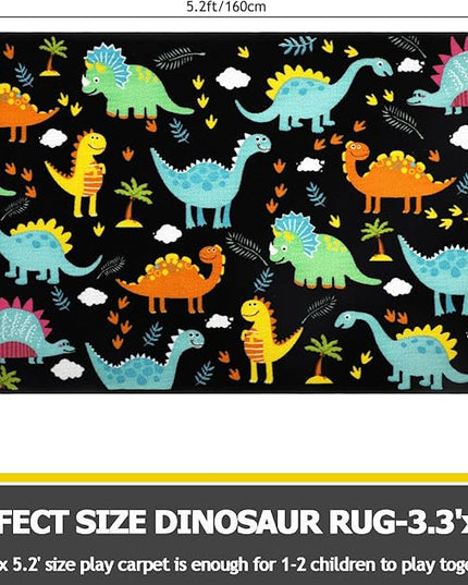 Capslpad Black Dinosaur Kids Play Rug for Boys Bedroom Non Slip Cartoon Kids Area Rug Washable Kids Play Mat for Dinosaur Room Kids Room Nursery Decor,5'2" x 3'3" - LeafyLoom