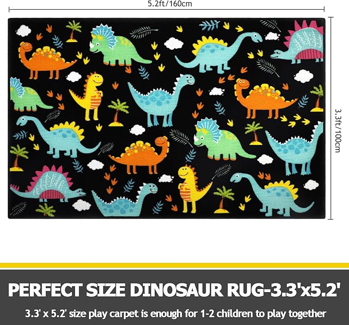 Capslpad Black Dinosaur Kids Play Rug for Boys Bedroom Non Slip Cartoon Kids Area Rug Washable Kids Play Mat for Dinosaur Room Kids Room Nursery Decor,5'2" x 3'3" - LeafyLoom