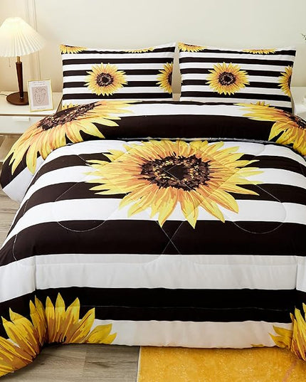 Sunflower Comforter Sets,Beautiful Vintage Bright Floral Pattern,Decorative Bedding Comforter Sets with 2 Pillow Shams, Twin Size - LeafyLoom