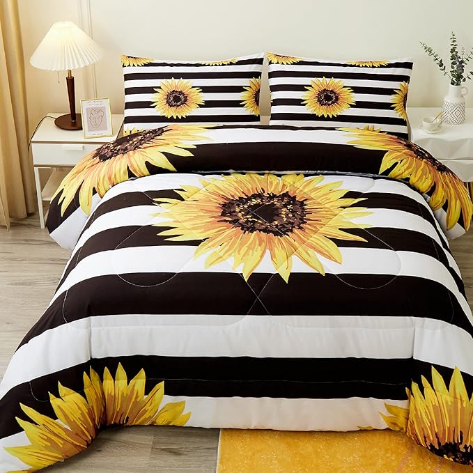 Sunflower Comforter Sets,Beautiful Vintage Bright Floral Pattern,Decorative Bedding Comforter Sets with 2 Pillow Shams, Twin Size - LeafyLoom