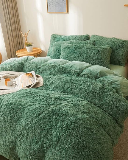 FOPPA Green Plush Comforter Cover Set Queen - Ultra Soft Faux Fur Green Bedding Sets 3 Pieces (1 Fluffy Duvet Cover + 2 Shaggy Pillow case) Fluffy Bed Set (Green, Queen) - LeafyLoom