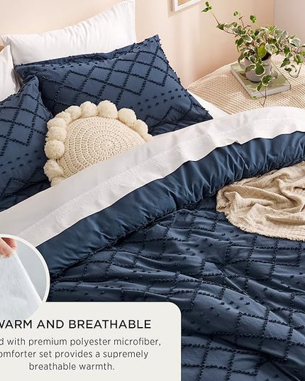 Bedsure California King Comforter Set - Navy Comforter, Boho Tufted Shabby Chic Bedding Comforter Set, 3 Pieces Farmhouse Bed Set for All Seasons, Fluffy Soft Bedding Set with 2 Pillow Shams - LeafyLoom