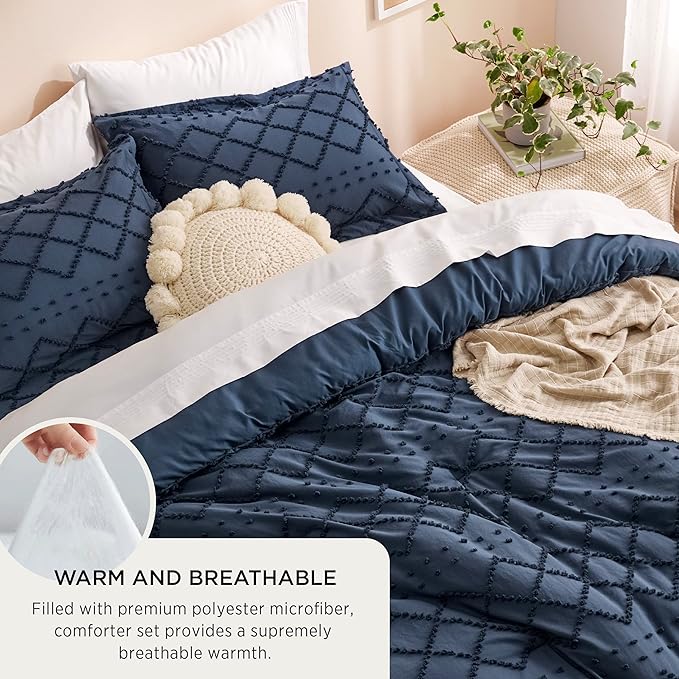 Bedsure Full Size Comforter Set - Navy Blue Comforter, Boho Tufted Shabby Chic Bedding Comforter Set, 3 Pieces Vintage Farmhouse Bed Set for All Seasons, Fluffy Bedding Set with 2 Pillow Shams - LeafyLoom