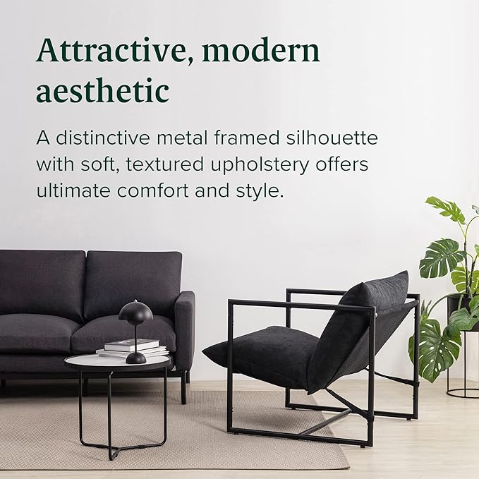 ZINUS Aidan Sling Accent Chair / Metal Framed Armchair with Shredded Foam Cushioning, Black - LeafyLoom