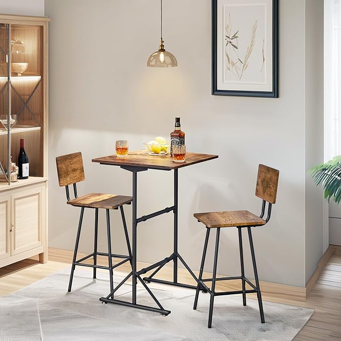 VECELO 3-Piece bar table bistro of 2 breakfast nook kitchen for pub small dining height high top with stools sofa square island indoor corner chair dinette space counter sets cafe outdoor, Brown - LeafyLoom