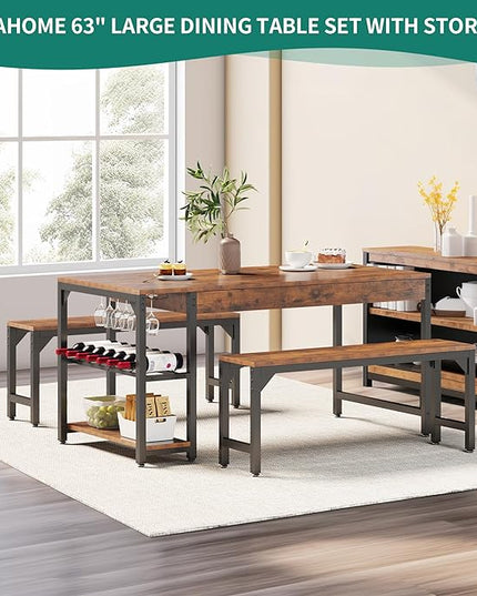 YITAHOME 63" 3 Piece Kitchen Dining Table Set for 4 with Bench & Storage, Farmhouse Rectangle Dining Room Dinner Table with Wine & Glass Holder for Space Saving, Rustic Brown - LeafyLoom
