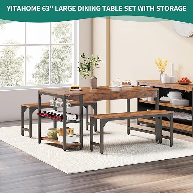 YITAHOME 63" 3 Piece Kitchen Dining Table Set for 4 with Bench & Storage, Farmhouse Rectangle Dining Room Dinner Table with Wine & Glass Holder for Space Saving, Rustic Brown - LeafyLoom
