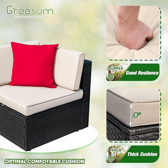 Greesum 3 Piece Patio Conversation Set Wicker Rattan Furniture Outdoor Sofa with Cushions,Pillows and Glass Table for Porch,Lawn and Yard, Beige - LeafyLoom