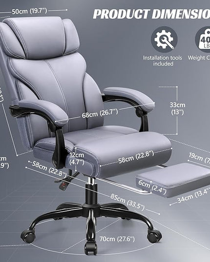 Office Chair, Executive Leather Chair Big and Tall Ergonomic Computer Desk Chair, Comfy Swivel Rolling Reclining Lumbar Support Task Chair with Adjustable High Back Foot Rest for Home Gaming - LeafyLoom