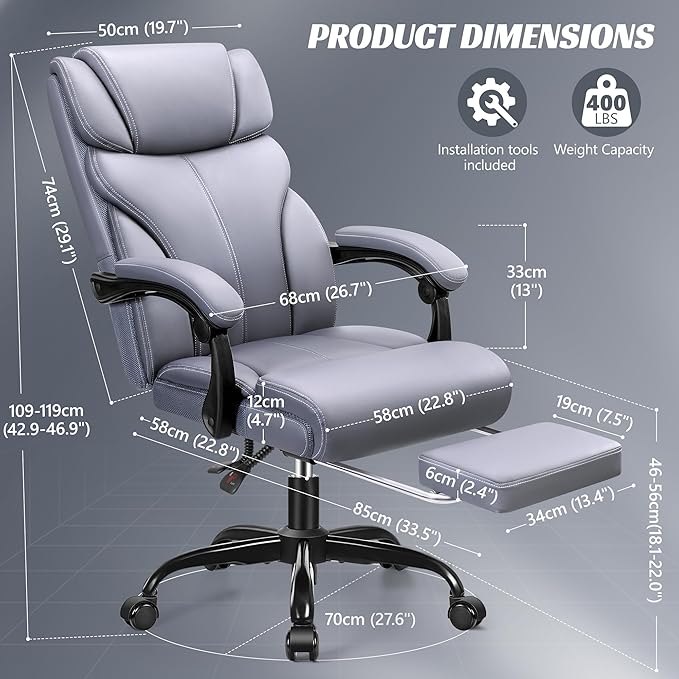 Office Chair, Executive Leather Chair Big and Tall Ergonomic Computer Desk Chair, Comfy Swivel Rolling Reclining Lumbar Support Task Chair with Adjustable High Back Foot Rest for Home Gaming - LeafyLoom