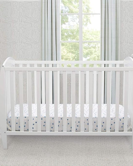 Delta Children Twinkle 4-in-1 Convertible Baby Crib, Sustainable New Zealand Wood, White and Delta Children Twinkle Galaxy Dual Sided Recycled Fiber Core Crib and Toddler Mattress (Bundle) - LeafyLoom