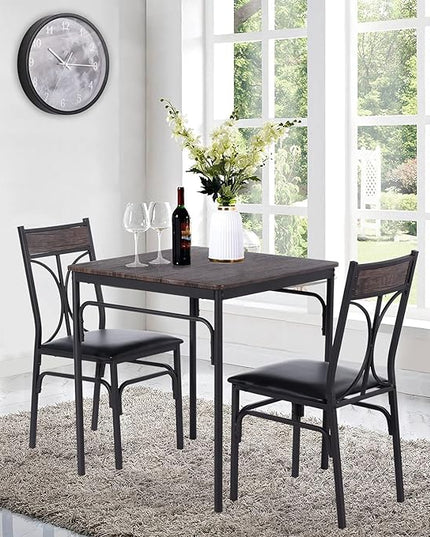 VECELO Kitchen & Dinning Room 3 pieceTable Dinner Table Pu Cushion Chair Small Space,Modern Industrial Style, Dark Brown, Dining set for 2 - LeafyLoom
