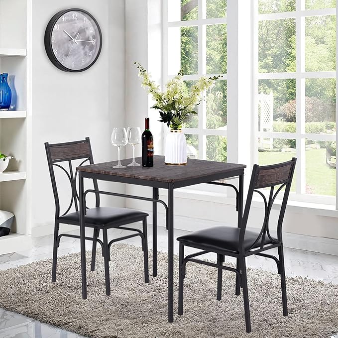 VECELO Kitchen & Dinning Room 3 pieceTable Dinner Table Pu Cushion Chair Small Space,Modern Industrial Style, Dark Brown, Dining set for 2 - LeafyLoom