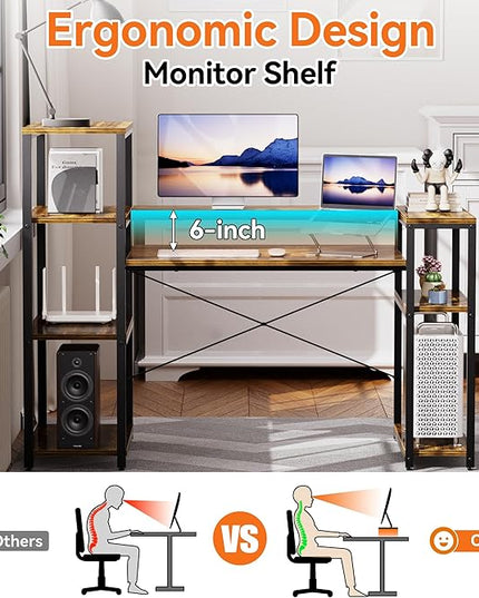 63-Inch Industrial Home Office Desk with Bookshelf, Gaming Computer Desk with Monitor Stand and Printer Shelf for Study, Writing, PC Work - LeafyLoom