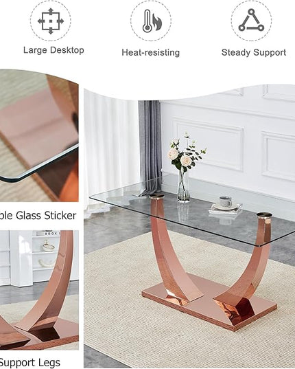 NicBex 63Inch Rectangular Dining Table,Modern Kitchen Table with Tempered Glass Tabletop and Rose Gold Metal Legs for 6 to 8,Large Dining Room Table for Kitchen,Meeting Living Room,Rose Gold - LeafyLoom