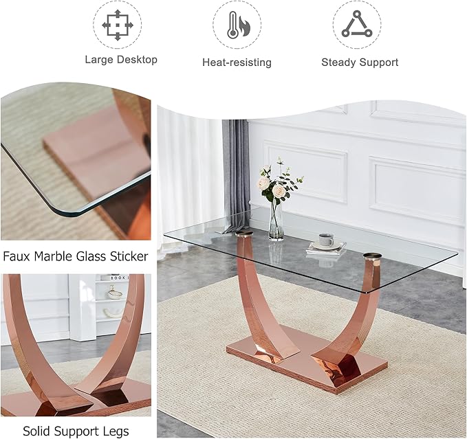 NicBex 63Inch Rectangular Dining Table,Modern Kitchen Table with Tempered Glass Tabletop and Rose Gold Metal Legs for 6 to 8,Large Dining Room Table for Kitchen,Meeting Living Room,Rose Gold - LeafyLoom