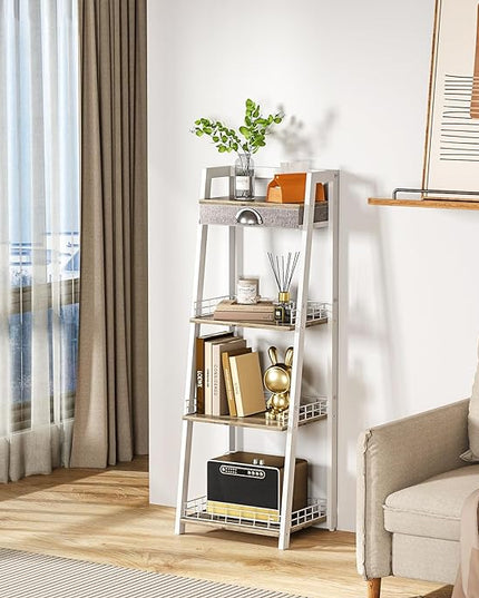 keomaisyto 4-Tier Elegant Ladder Shelf, Bathroom Storage Shelf, Ladder Bookshelf with Drawer, Freestanding Storage Shelves for Bathroom Living Room Study Office, White - LeafyLoom