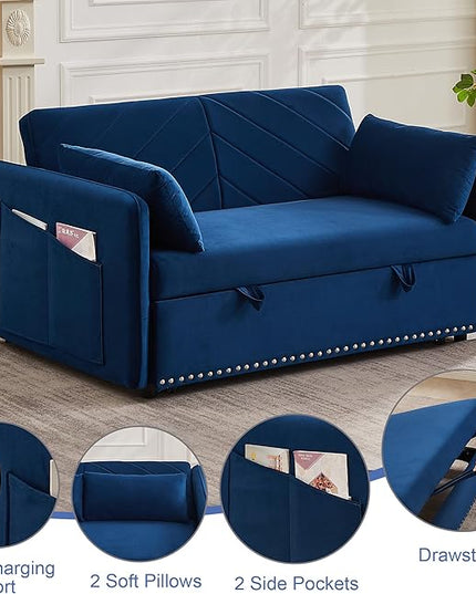 New Model 3-in-1 Sleeper USB Port Adjustable Velvet Convertible Sofa with Pull Out Bed, 2 Pillows & Side Pocket – Ideal for Living Room and Bedroom, Blue - LeafyLoom