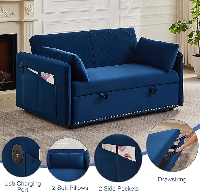 New Model 3-in-1 Sleeper USB Port Adjustable Velvet Convertible Sofa with Pull Out Bed, 2 Pillows & Side Pocket – Ideal for Living Room and Bedroom, Blue - LeafyLoom