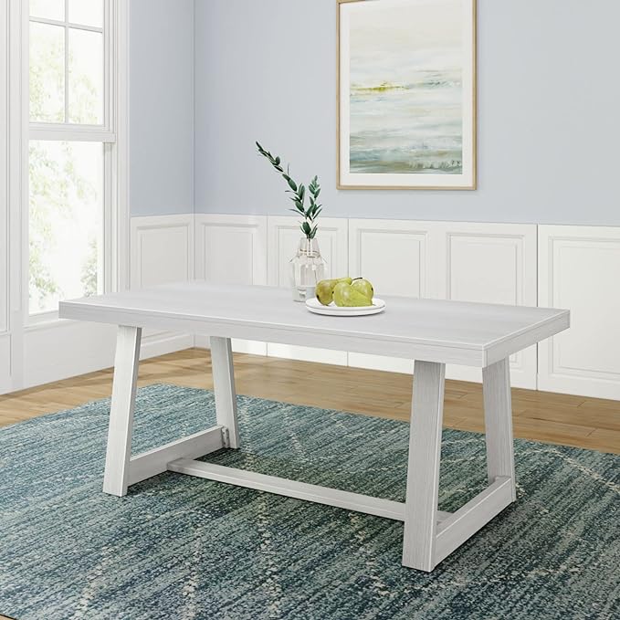 Plank+Beam 72 Inch Farmhouse Dining Table, Solid Wood Rustic Kitchen Table, Large Wooden Rectangular Dinner Table for Dining Room, Home Office, Living Room Furniture, Easy Assembly, White Wirebrush - LeafyLoom