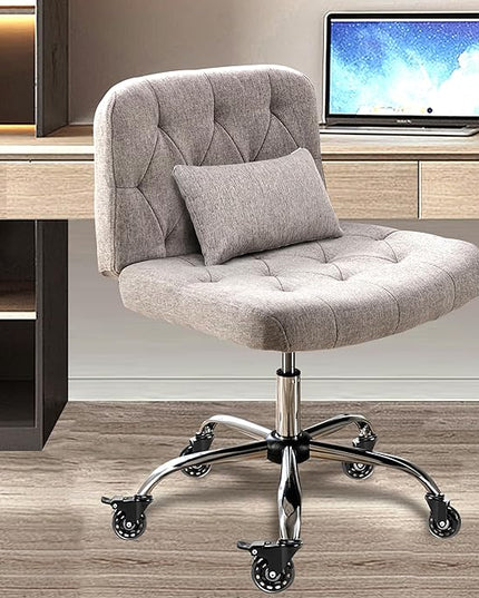 Criss Cross Chair with Wheels, Comfy Fabric Cross Legged Office Chair for Adult, Armless Wide Seat Desk Chair with Lumbar Pillow,Swivel Vanity Chair for Home Office, Conference (Grey) - LeafyLoom