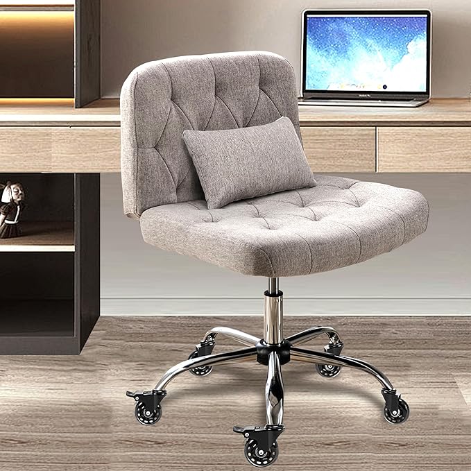 Criss Cross Chair with Wheels, Comfy Fabric Cross Legged Office Chair for Adult, Armless Wide Seat Desk Chair with Lumbar Pillow,Swivel Vanity Chair for Home Office, Conference (Grey) - LeafyLoom