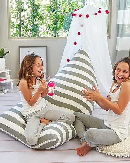 Butterfly Craze Bean Bag Chair Cover, Functional Toddler Toy Organizer, Fill with Stuffed Animals to Create a Jumbo, Comfy Floor Lounger for Boys or Girls, Stuffing Not Included, Grey Stripe - LeafyLoom