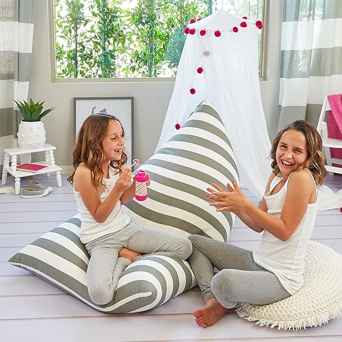 Butterfly Craze Bean Bag Chair Cover, Functional Toddler Toy Organizer, Fill with Stuffed Animals to Create a Jumbo, Comfy Floor Lounger for Boys or Girls, Stuffing Not Included, Grey Stripe - LeafyLoom