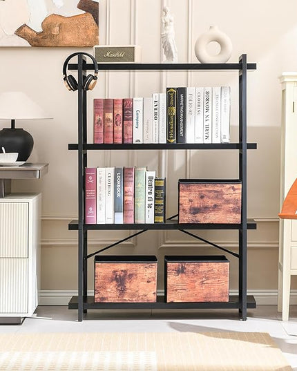 HCHQHS Bookshelf, 4-Tier Industrial Bookcase, Black Open Book Shelf, Freestanding Tall Bookshelves with Metal Frame - LeafyLoom