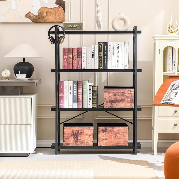 HCHQHS Bookshelf, 4-Tier Industrial Bookcase, Black Open Book Shelf, Freestanding Tall Bookshelves with Metal Frame - LeafyLoom