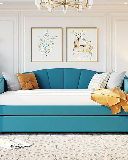 Twin Size Upholstered Daybed with Trundle, Wood Slat Support Sofa Bed with Armrest, No Box Spring Needed, Easy to Assemble, for Studio, Bedroom, Living, Guest Room, Blue - LeafyLoom