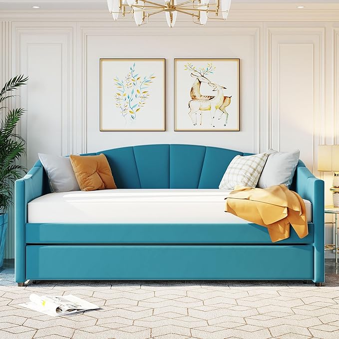 Twin Size Upholstered Daybed with Trundle, Wood Slat Support Sofa Bed with Armrest, No Box Spring Needed, Easy to Assemble, for Studio, Bedroom, Living, Guest Room, Blue - LeafyLoom
