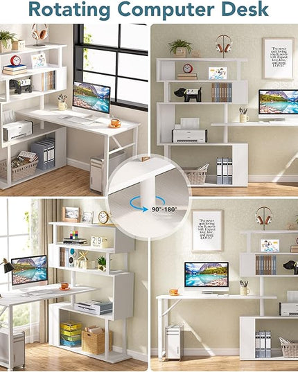 Rotating Computer Desk L-Shaped Office Desk with 5 Shelves Bookcase, Reversible Writing Desk Study Table with Wheels for Home Office, White - LeafyLoom