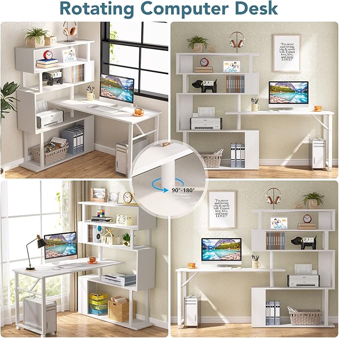 Rotating Computer Desk L-Shaped Office Desk with 5 Shelves Bookcase, Reversible Writing Desk Study Table with Wheels for Home Office, White - LeafyLoom