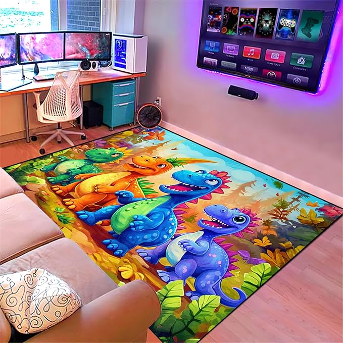 Dinosaur Rug for Boys Room - Colorful Cute Dino Rug for Room Kids Carpet for Bedroom Boys Bedroom Rug Cartoon Dinosaur Rug Cute Dinosaur Rugs for Boys Bedroom,5'×7' - LeafyLoom