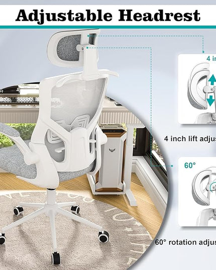 Ergonomic Office Chair, High Back Mesh Desk Chair with Thick Molded Foam Cushion, Coat Hanger, Adjustable Headrest, Lumbar Support, Tilt & Lock Function - Computer Chair (Light Grey) - LeafyLoom