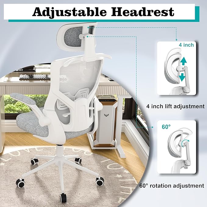 Ergonomic Office Chair, High Back Mesh Desk Chair with Thick Molded Foam Cushion, Coat Hanger, Adjustable Headrest, Lumbar Support, Tilt & Lock Function - Computer Chair (Light Grey) - LeafyLoom