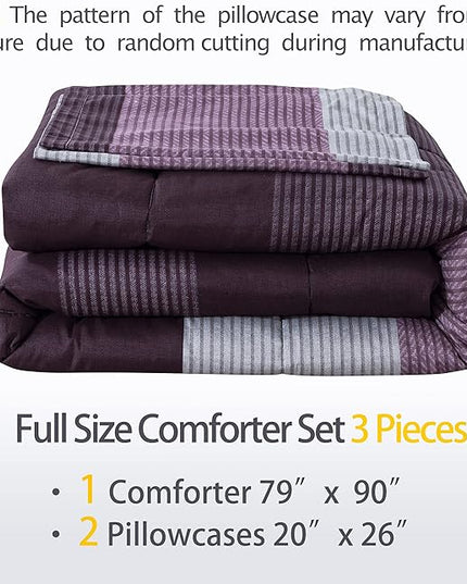 Andency Stripe Comforter Set Full Size (79x90 Inch), 3 Pieces Purple and Gray Patchwork Striped Comforter, Soft Microfiber Down Alternative Comforter Bedding Set with Corner Loops - LeafyLoom