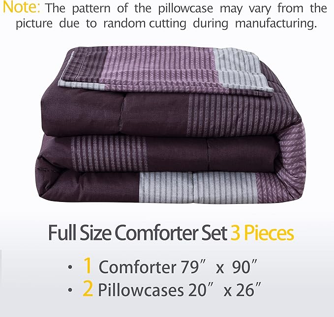 Andency Stripe Comforter Set Full Size (79x90 Inch), 3 Pieces Purple and Gray Patchwork Striped Comforter, Soft Microfiber Down Alternative Comforter Bedding Set with Corner Loops - LeafyLoom
