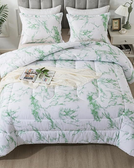Litanika Sage Green Marble Comforter Queen(90x90lnch), 3Pieces(1 Marble Comforter and 2 Pillowcases) Soft Microfiber Comforter Bedding Set for Men and Women - LeafyLoom