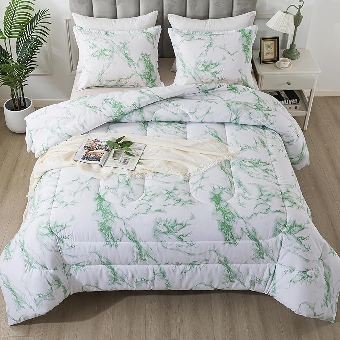 Litanika Sage Green Marble Comforter Queen(90x90lnch), 3Pieces(1 Marble Comforter and 2 Pillowcases) Soft Microfiber Comforter Bedding Set for Men and Women - LeafyLoom