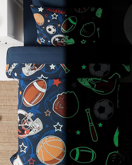 Sports Ball Games Twin Comforter Set with Sheets - 5 Pieces Kids Twin Bedding Sets for Boys, Glow in The Dark Baseball Basketball Football Soccer Twin Bed in a Bag for Kids, Teens - LeafyLoom