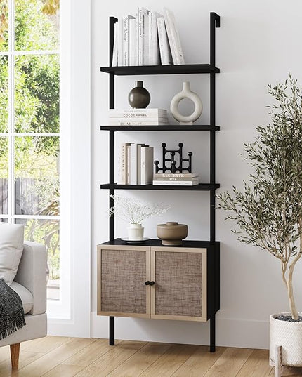 Nathan James Theo Modern Bookcase with Rattan Cabinet in Matte Black and Light Oak Finish with Matte Black Metal Frame for Living Room, Home Office Storage - LeafyLoom