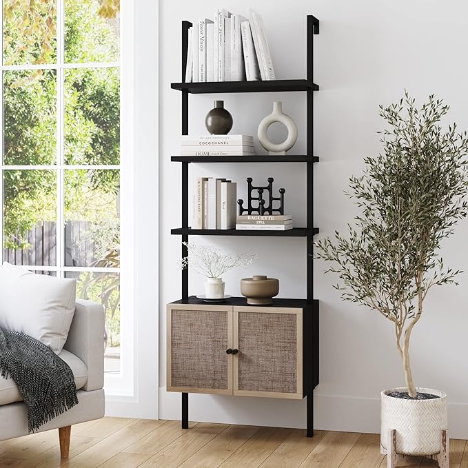 Nathan James Theo Modern Bookcase with Rattan Cabinet in Matte Black and Light Oak Finish with Matte Black Metal Frame for Living Room, Home Office Storage - LeafyLoom