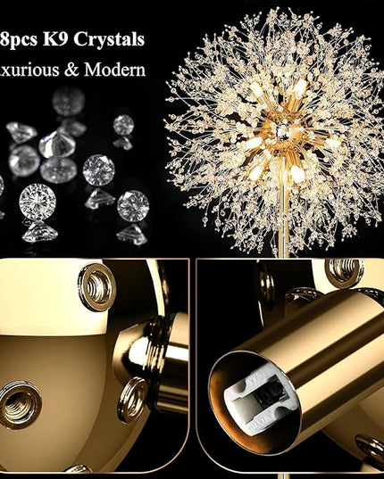 BesLowe 69'' Crystal Floor Lamp for Living Room, Modern Standing Lamp with 738PCS K9 Crystals, Tall Lamp Pole Light for Bedroom Office, Mid Century Gold Floor Lighting with 9 LED Bulbs, Antique Brass - LeafyLoom