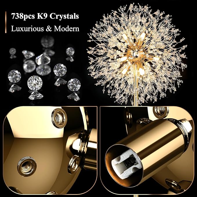 BesLowe 69'' Crystal Floor Lamp for Living Room, Modern Standing Lamp with 738PCS K9 Crystals, Tall Lamp Pole Light for Bedroom Office, Mid Century Gold Floor Lighting with 9 LED Bulbs, Antique Brass - LeafyLoom