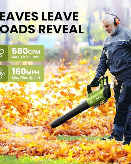 Leaf Blower Cordless, 580CFM/160MPH & 3 Speed Levels, Electric Cordless Leaf Blower with 2 * 4.0Ah Battery Powered, Blowers for Lawn Care, Blower with Extension Nozzle - LeafyLoom