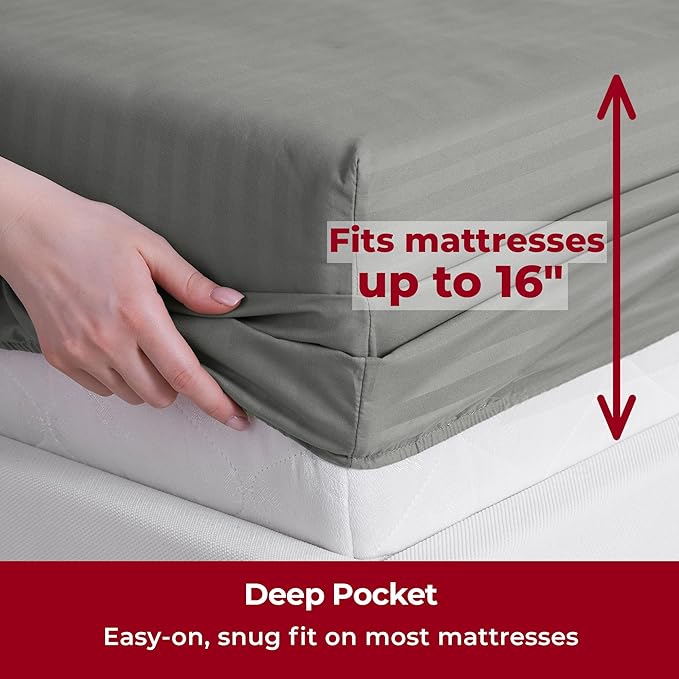 Mellanni California King Sheets Set - 4 PC Iconic Collection Bedding Sheets & Pillowcases - Hotel Luxury, Extra Soft, Cooling Bed Sheets - Deep Pocket up to 16 inch (Cal King, Striped Gray/Silver) - LeafyLoom